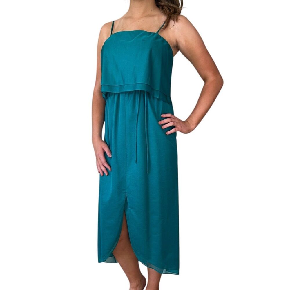 1970s Vintage Sleeveless Disco Era Glam Emerald Green Goddess Layered Dress